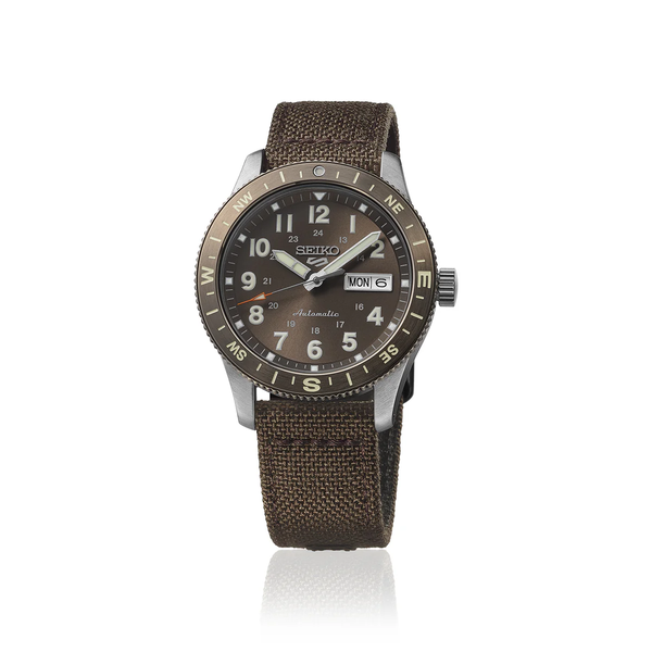 Mens Seiko 5 Sport Stainless Steel Automatic Brown Dial Brown Canvas Band Krekeler Jewelers Farmington, MO