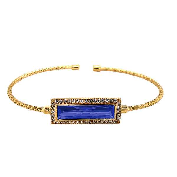 Gold Finish Sterling Silver Two Cable Cuff Bracelet Rectanglar Simulated Sapphire Stone ans Simuated Diamonds Krekeler Jewelers Farmington, MO