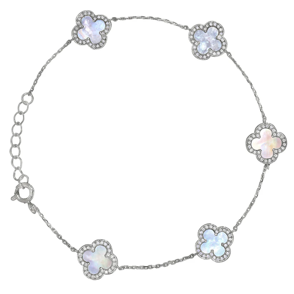 Sterling Silver Clover Bracelet with Mother of Pearl and Simulated Diamonds Krekeler Jewelers Farmington, MO