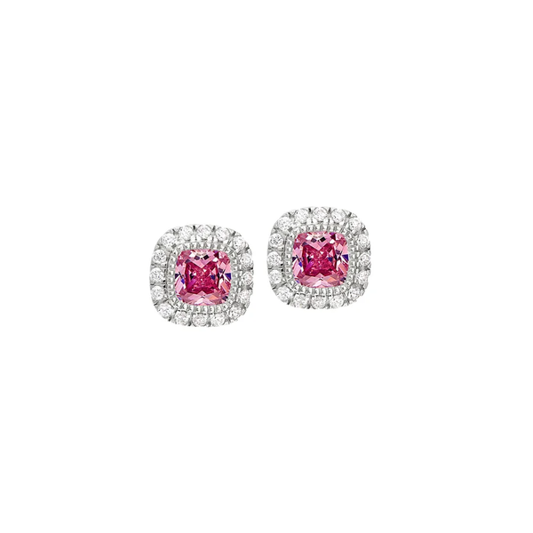 Sterling Silver October Simulated Pink Sapphire Earrings with Simulated Diamond Halo Krekeler Jewelers Farmington, MO
