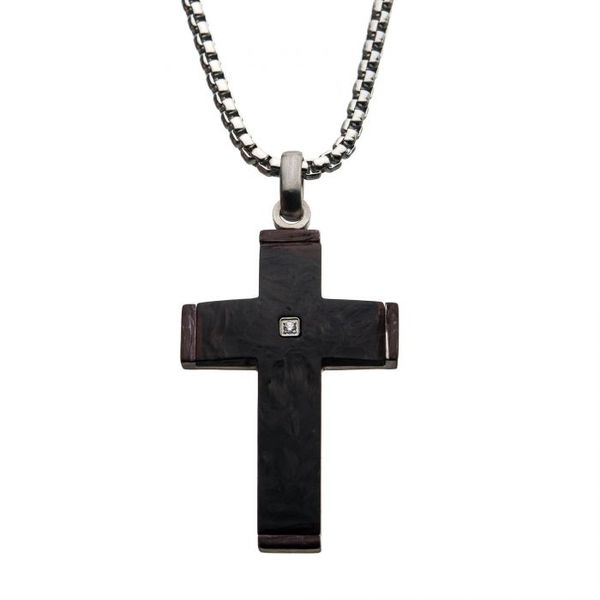 Men's Stainless Steel Black Plated Carbon Fiber with 1mm Diamond Cross Pendant with 24 inch long Box Chain. Diamond 4Cs: SI3-I1 Krekeler Jewelers Farmington, MO