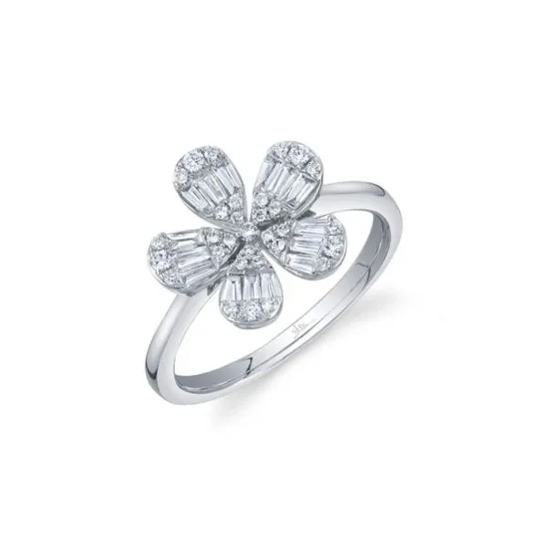 14KW .62CTW Round and Bagguette Diamond Flower Ring by Shy Kiefer Jewelers Lutz, FL
