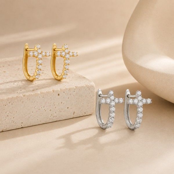14KW 0.50CTW Diamond Cross Huggie Hoop Earrings Image 2 Kiefer Jewelers Lutz, FL