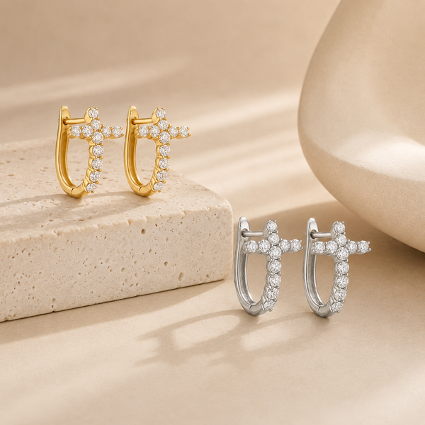 14KW 0.50CTW Diamond Cross Huggie Hoop Earrings Image 2 Kiefer Jewelers Lutz, FL
