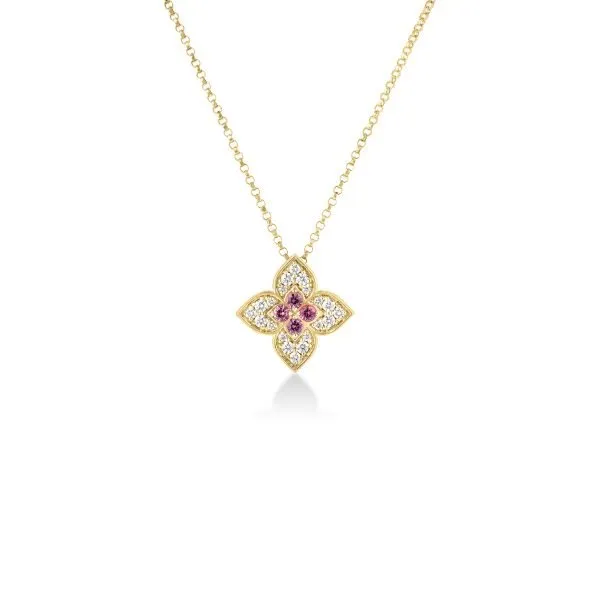 18KY Diamond and Rubellite Venetian Princess Carnival Medium Flower Pendant by Roberto Coin Kiefer Jewelers Lutz, FL