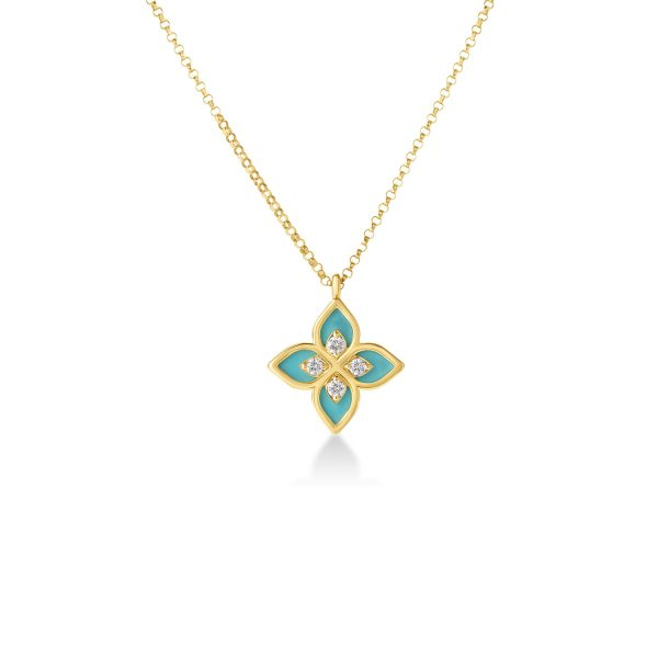 18KY Venetian Princess Diamond and Cyan Enamel Flower Necklace by Roberto Coin Kiefer Jewelers Lutz, FL