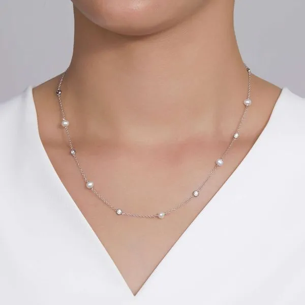 Sterling Silver Simulated Diamond with Cultured Freshwater Pearl Necklace Image 2 Kiefer Jewelers Lutz, FL