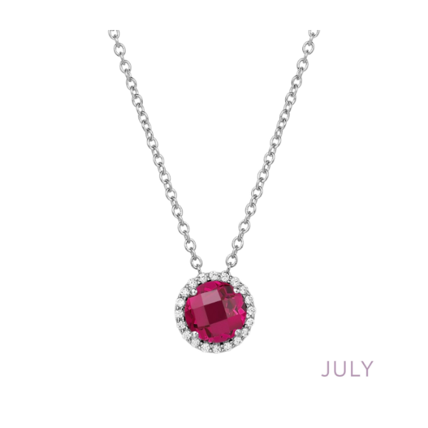 SS Lab Grown Ruby and Simulated Diamond Halo Birthstone Necklace by Lafonn Kiefer Jewelers Lutz, FL