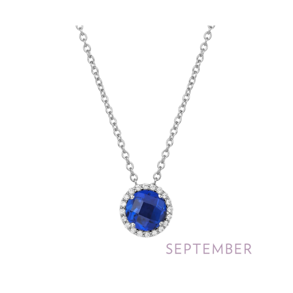 SS Lab Grown Sapphire and Simulated Diamond Halo Birthstone Necklace by Lafonn Kiefer Jewelers Lutz, FL