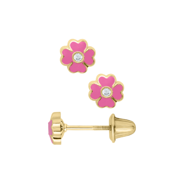 Children's 14KY CZ and Pink Enamel Flower Stud Earrings Kiefer Jewelers Lutz, FL