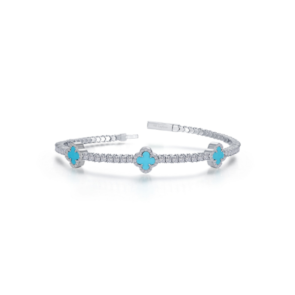 SS Simulated Diamond and Synthetic Turquiose Clover Flexible Bangle Bracelet Kiefer Jewelers Lutz, FL