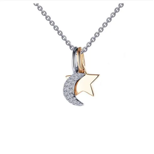 Sterling Silver Two Tone Simulated Diamond Shadow Moon & Star Charm Necklace Kiefer Jewelers Lutz, FL