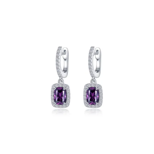 Sterling Silver Simulated Diamond and Cushion Cut Simulated Amethyst with Halo Dangle Earrings Kiefer Jewelers Lutz, FL
