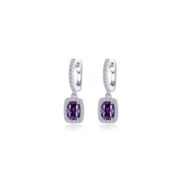Sterling Silver Simulated Diamond and Cushion Cut Simulated Amethyst with Halo Dangle Earrings Kiefer Jewelers Lutz, FL