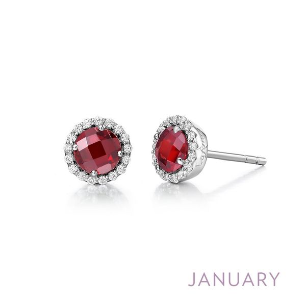 SS Garnet and Simulated Diamond Halo Birthstone Earrings by Lafonn Kiefer Jewelers Lutz, FL