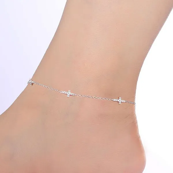 Sterling Silver Simulated Diamond Sideways Cross Anklet Image 2 Kiefer Jewelers Lutz, FL