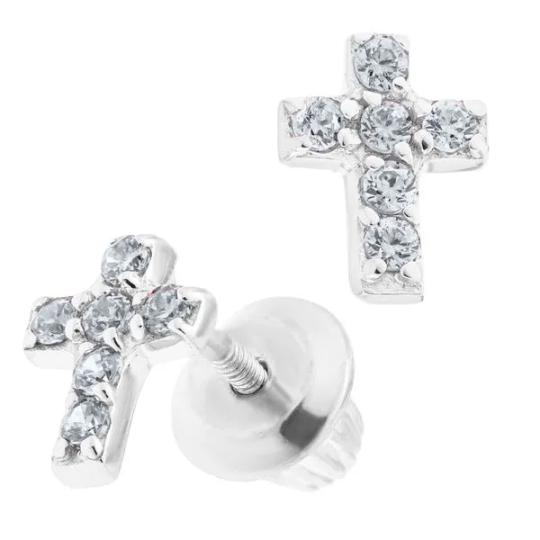 Sterling Silver CZ Cross Children's Earrings Image 2 Kiefer Jewelers Lutz, FL