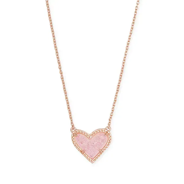 Kendra Scott Ari Rose Gold Heart Light Pink Drusy Necklace Kiefer Jewelers Lutz, FL