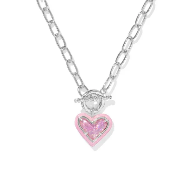 Kendra Scott Ari Heart Silver Enamel Frame Link and Chain Necklace in Pink Iridescent Glitter Glass Image 2 Kiefer Jewelers Lutz, FL