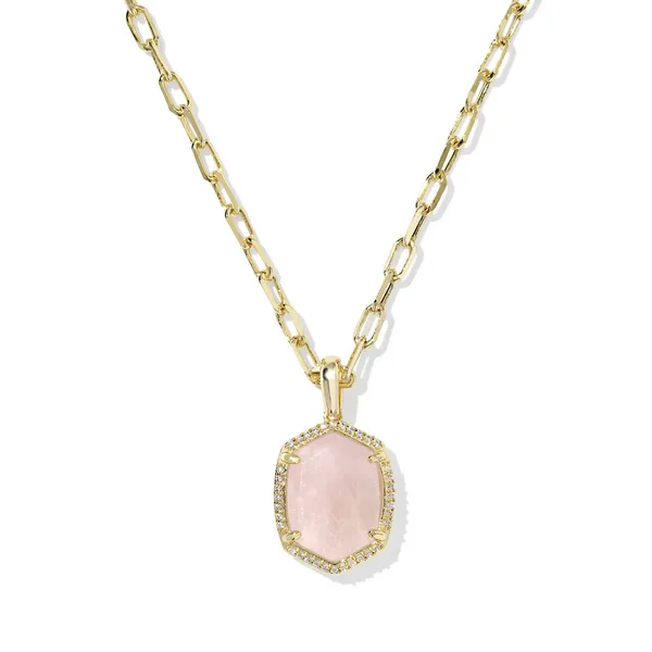 Daphne Gold Pave Frame Short Pendant Necklace with Rose Quartz by Kendra Scott Kiefer Jewelers Lutz, FL