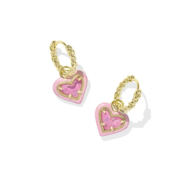 Kendra Scott Ari Heart Gold Enamel Frame Huggie Earrings in Pink Iridescent Glitter Glass Kiefer Jewelers Lutz, FL