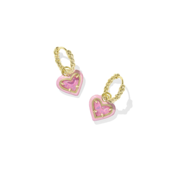 Kendra Scott Ari Heart Gold Enamel Frame Huggie Earrings in Pink Iridescent Glitter Glass Kiefer Jewelers Lutz, FL