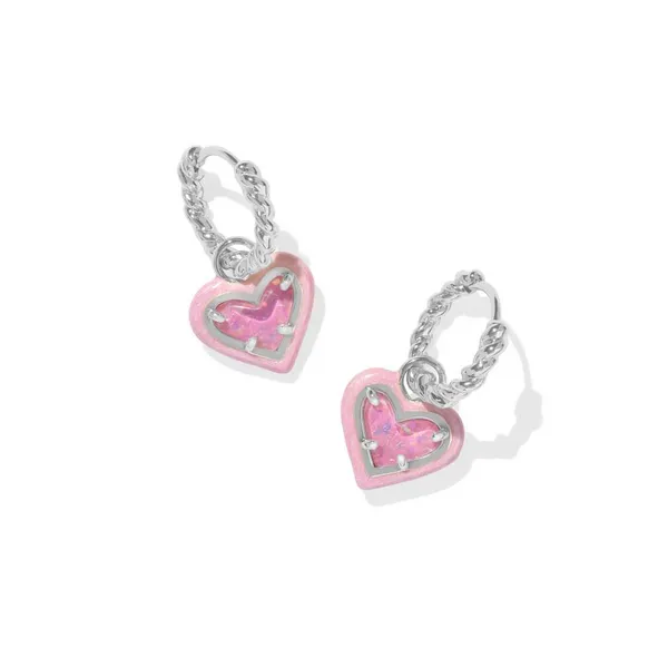Kendra Scott Ari Heart Silver Enamel Frame Huggie Earrings in Pink Iridescent Glitter Glass Kiefer Jewelers Lutz, FL