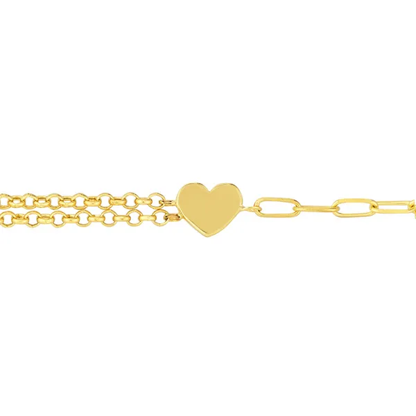 14KY Paperclip and Double Rolo Heart Bracelet Image 2 Kiefer Jewelers Lutz, FL