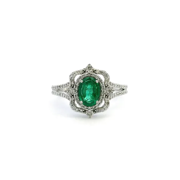 14KW Emerald and Diamond Vintage Style Halo Ring Kiefer Jewelers Lutz, FL