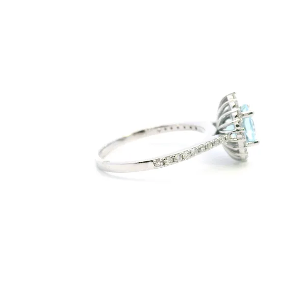 14KW Aquamarine and Diamond Halo Vintage Style Ring Image 3 Kiefer Jewelers Lutz, FL