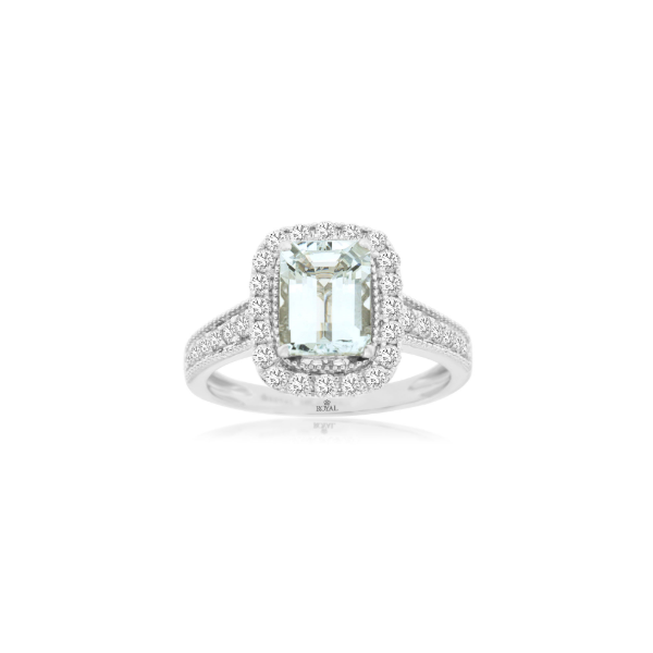14KW Emerald Cut Aquamarine and Diamond Vintage Style Halo Ring Kiefer Jewelers Lutz, FL