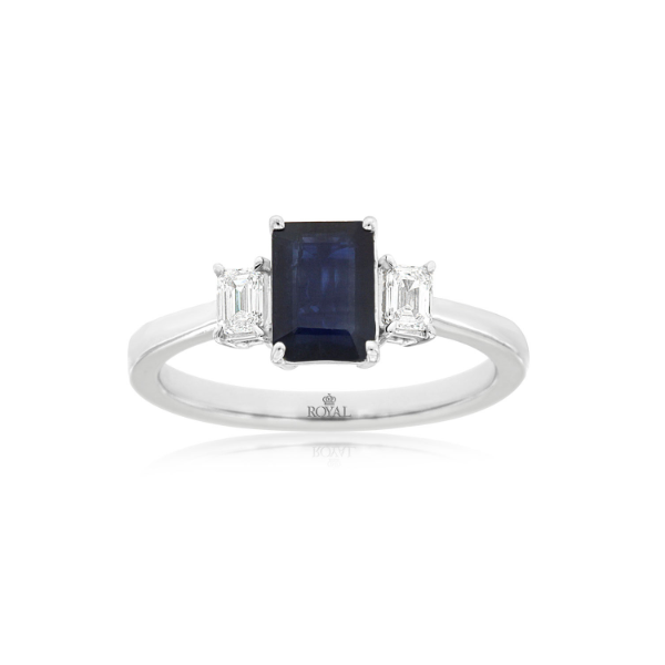14KW Emerald Cut Sapphire and Diamond Three Stone Ring Kiefer Jewelers Lutz, FL