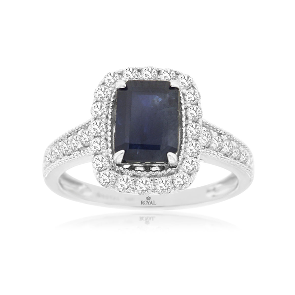 14KW Emerald Cut Sapphire and Diamond Halo Ring Kiefer Jewelers Lutz, FL