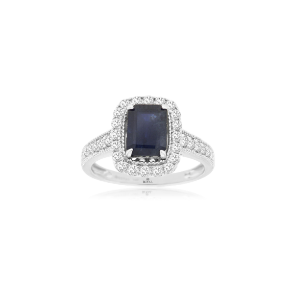 14KW Emerald Cut Sapphire and Diamond Halo Ring Kiefer Jewelers Lutz, FL