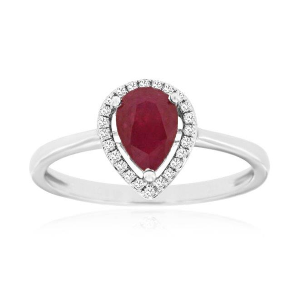 14KW Pear Shape Ruby and Diamond Halo Ring Kiefer Jewelers Lutz, FL
