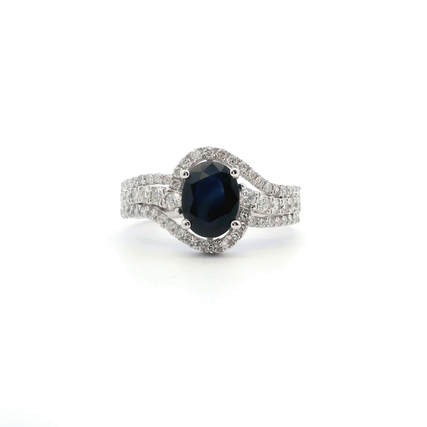 14KW Oval Sapphire and Diamond Halo Swirl Ring Kiefer Jewelers Lutz, FL