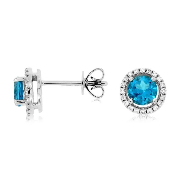 14K Blue Topaz and Diamond Halo Round Stud Earrings Kiefer Jewelers Lutz, FL