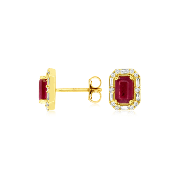 14KY Emerald Cut Ruby and Diamond Halo Stud Earrings Kiefer Jewelers Lutz, FL