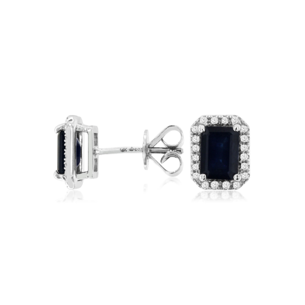 14KW Emerald Cut Sapphire and Diamond Halo Stud Earrings Kiefer Jewelers Lutz, FL