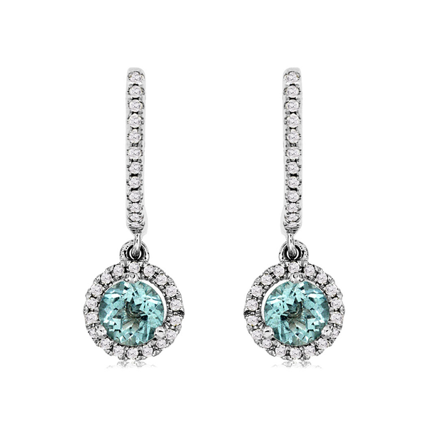 14KW Round Aqua Marine and Diamond Halo Drop Earrings Kiefer Jewelers Lutz, FL
