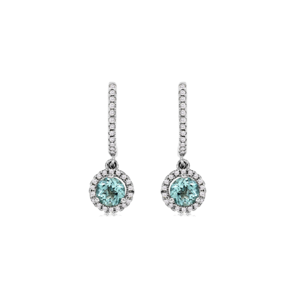 14KW Round Aqua Marine and Diamond Halo Drop Earrings Kiefer Jewelers Lutz, FL
