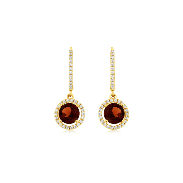 14KY Garnet and Diamond Hoop with Halo Dangle Earrings Kiefer Jewelers Lutz, FL