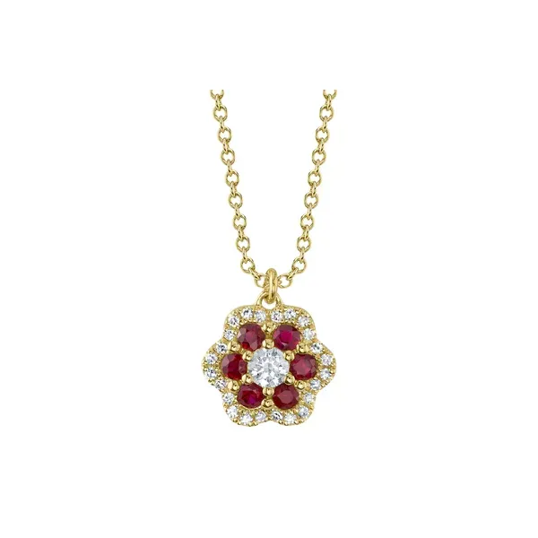 14K Diamond and Ruby Flower Pendant Necklace by Shy Creation Kiefer Jewelers Lutz, FL