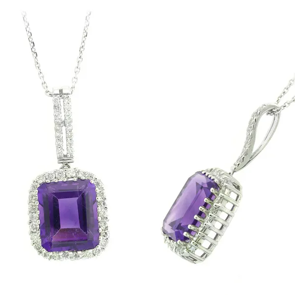 14KW Emerald Cut Amethyst and Diamond Halo Pendant Kiefer Jewelers Lutz, FL