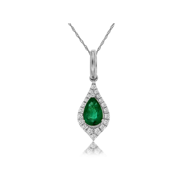 14KW Pear Shaped Emerald and Diamond Halo Pendant Kiefer Jewelers Lutz, FL