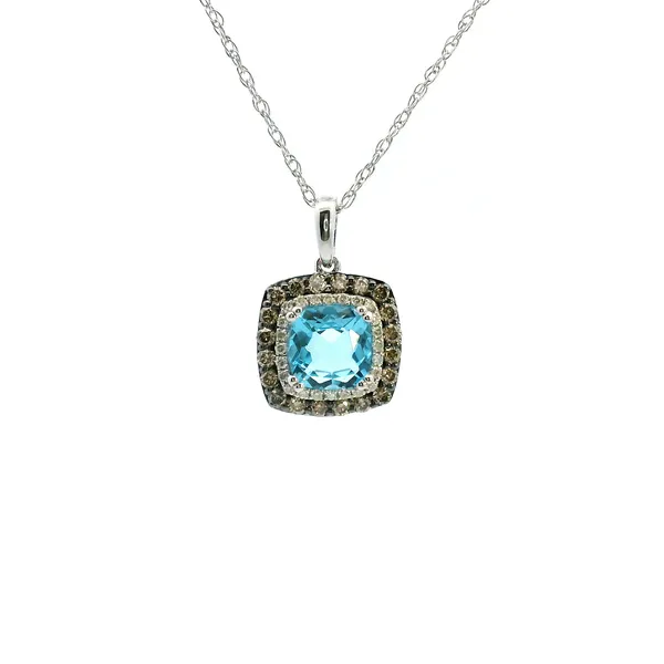 14KW Blue Topaz Chocolate and White Diamond Double Halo Pendant Kiefer Jewelers Lutz, FL