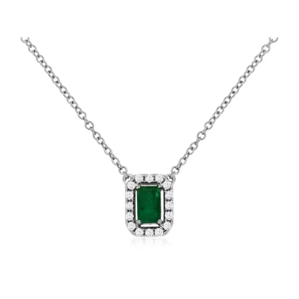 14KW Emerald Cut Emerald and Diamond Halo Pendant Kiefer Jewelers Lutz, FL
