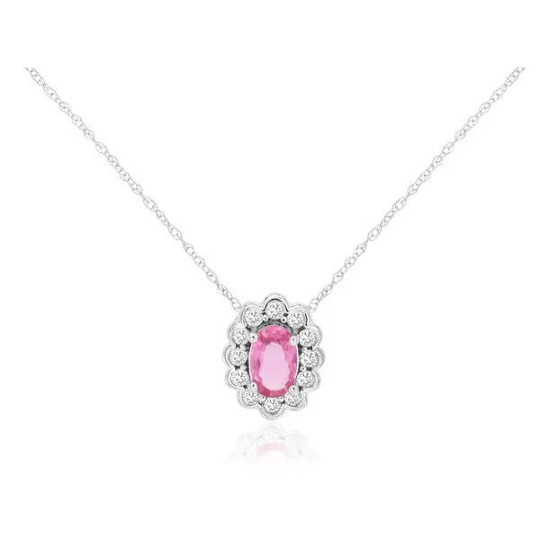 14KW Oval Pink Sapphire and Diamond Halo Vintage Style Pendant Kiefer Jewelers Lutz, FL