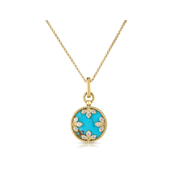 18KY Venetian Medallion Medium Diamond and Turquoise Necklace by Roberto Coin Kiefer Jewelers Lutz, FL