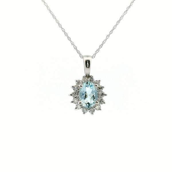 14KW Aquamarine and Diamond Halo Necklace Kiefer Jewelers Lutz, FL